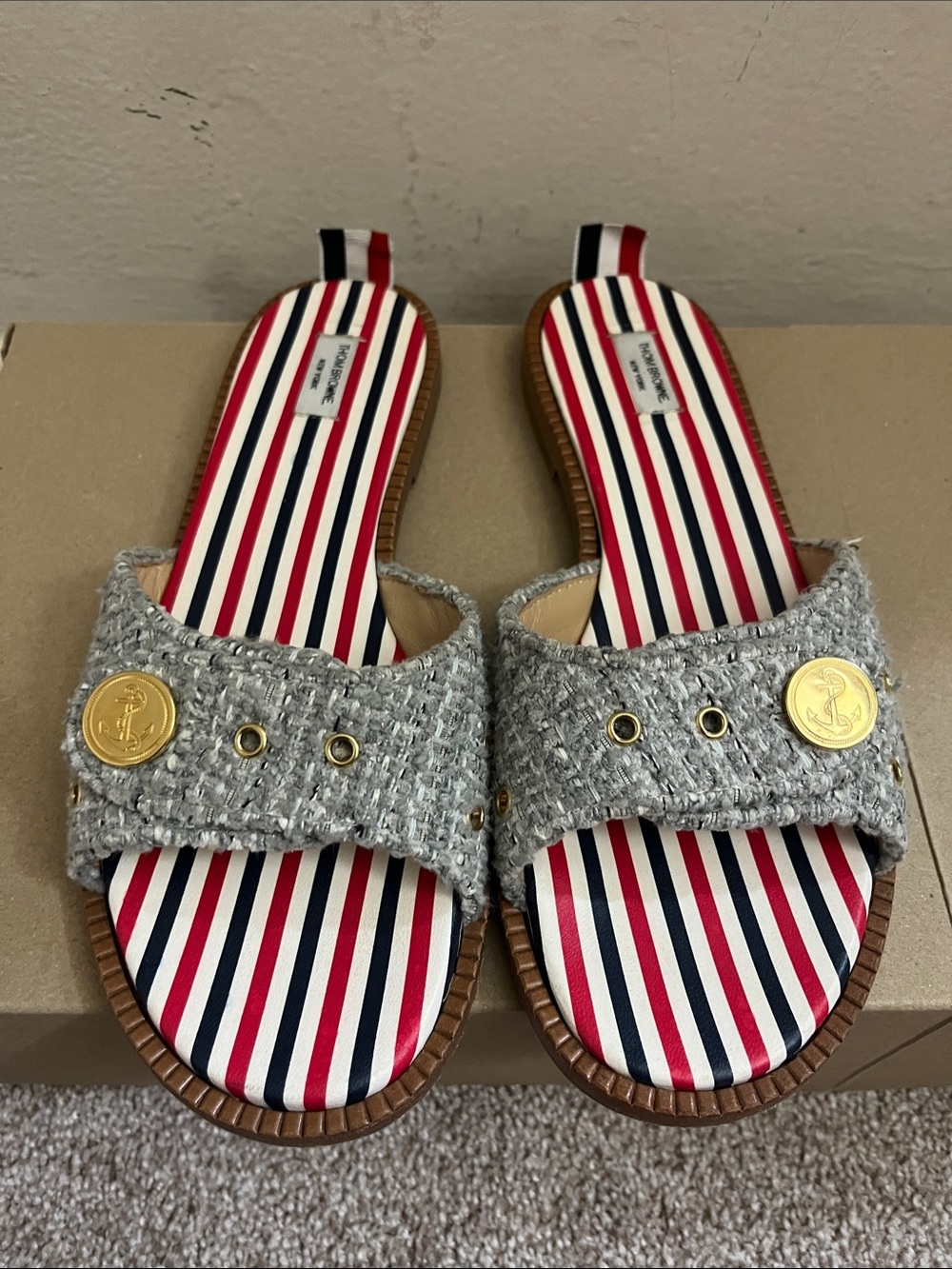 THOME BROWNE Slide Sandals  Tweed Upper & Gold Anchor Medallions